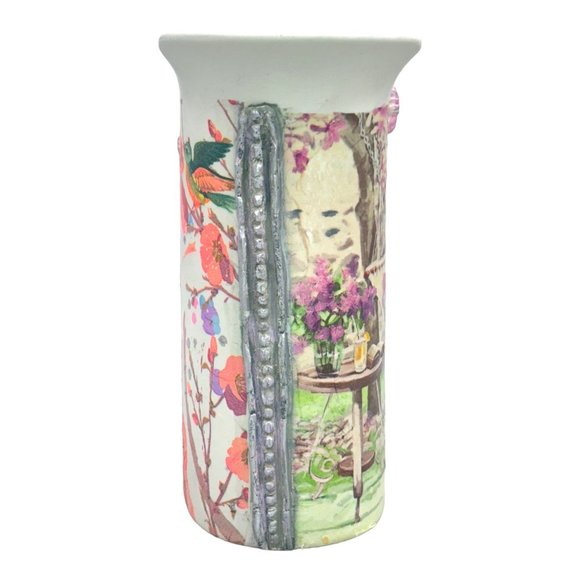 White Tulip Ceramic Italian Vase Up Cycled With Decoupage and Hand Moulded Clay - Picture 6 of 12
